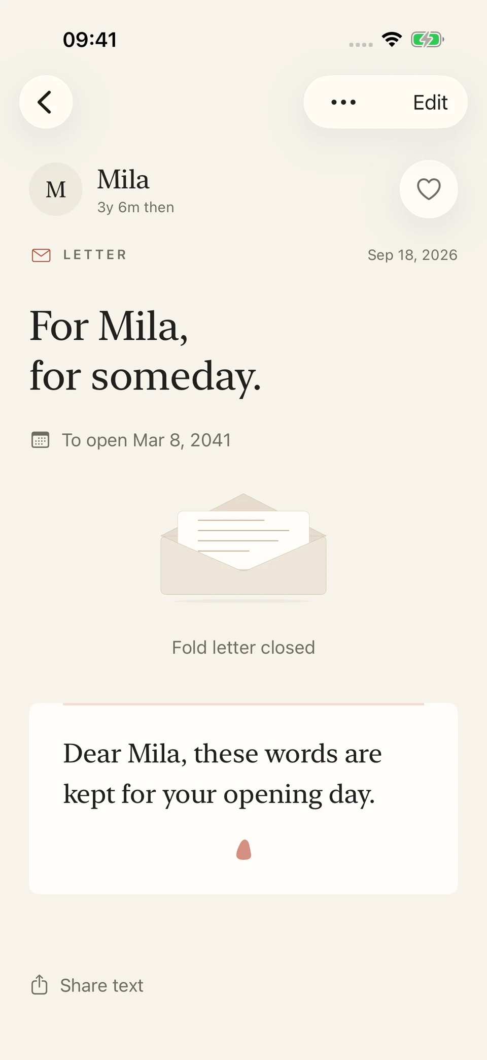 An author’s view of a letter for Mila, saved for March 8, 2041, with an animated paper envelope.