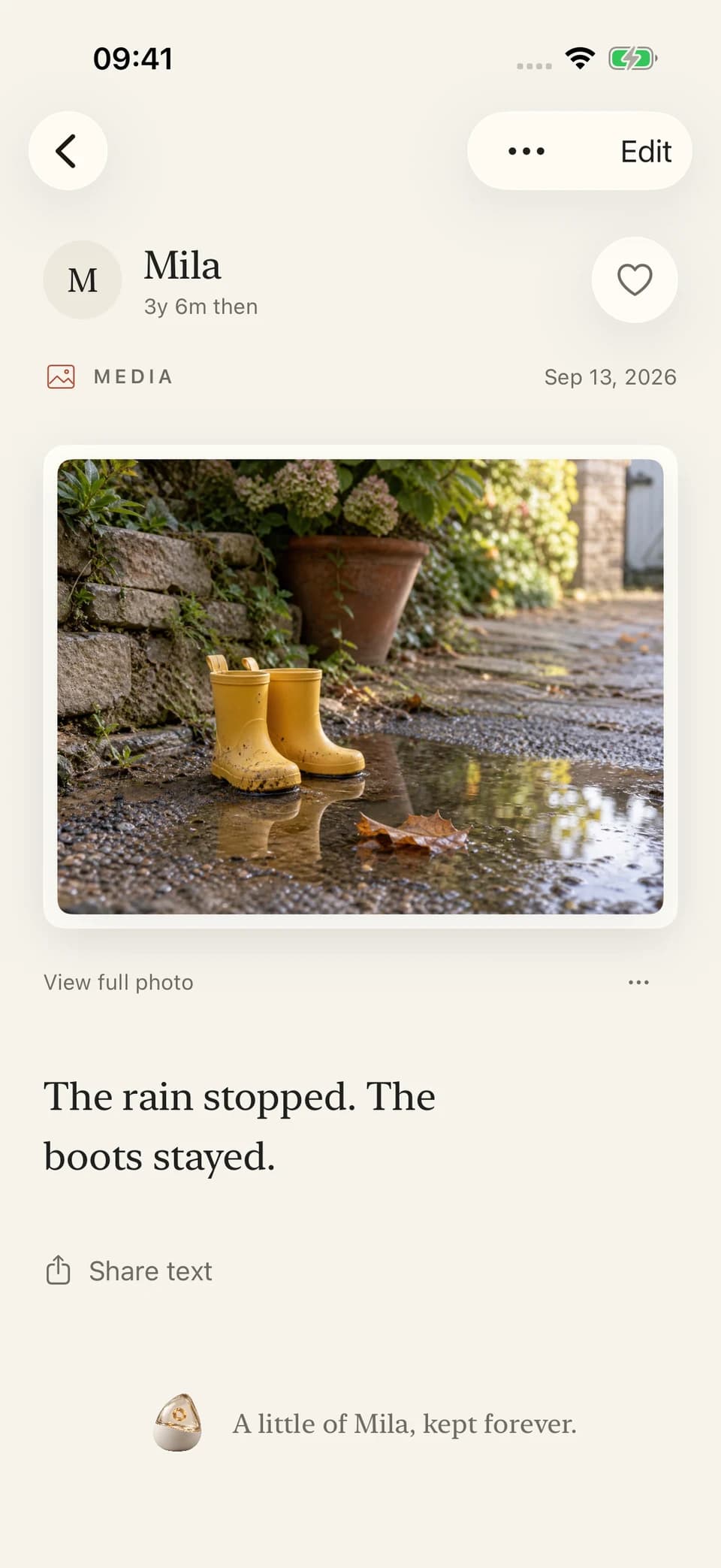 A saved photo memory of yellow boots beside a puddle: The rain stopped. The boots stayed.