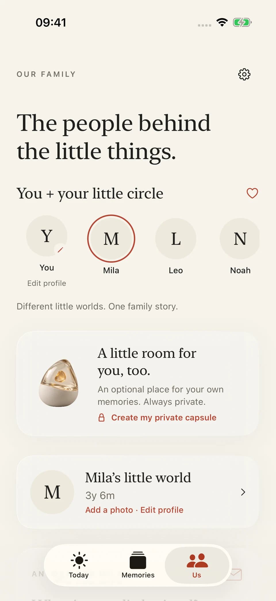The Us tab: You, Mila, Leo and Noah, together in a private family circle.