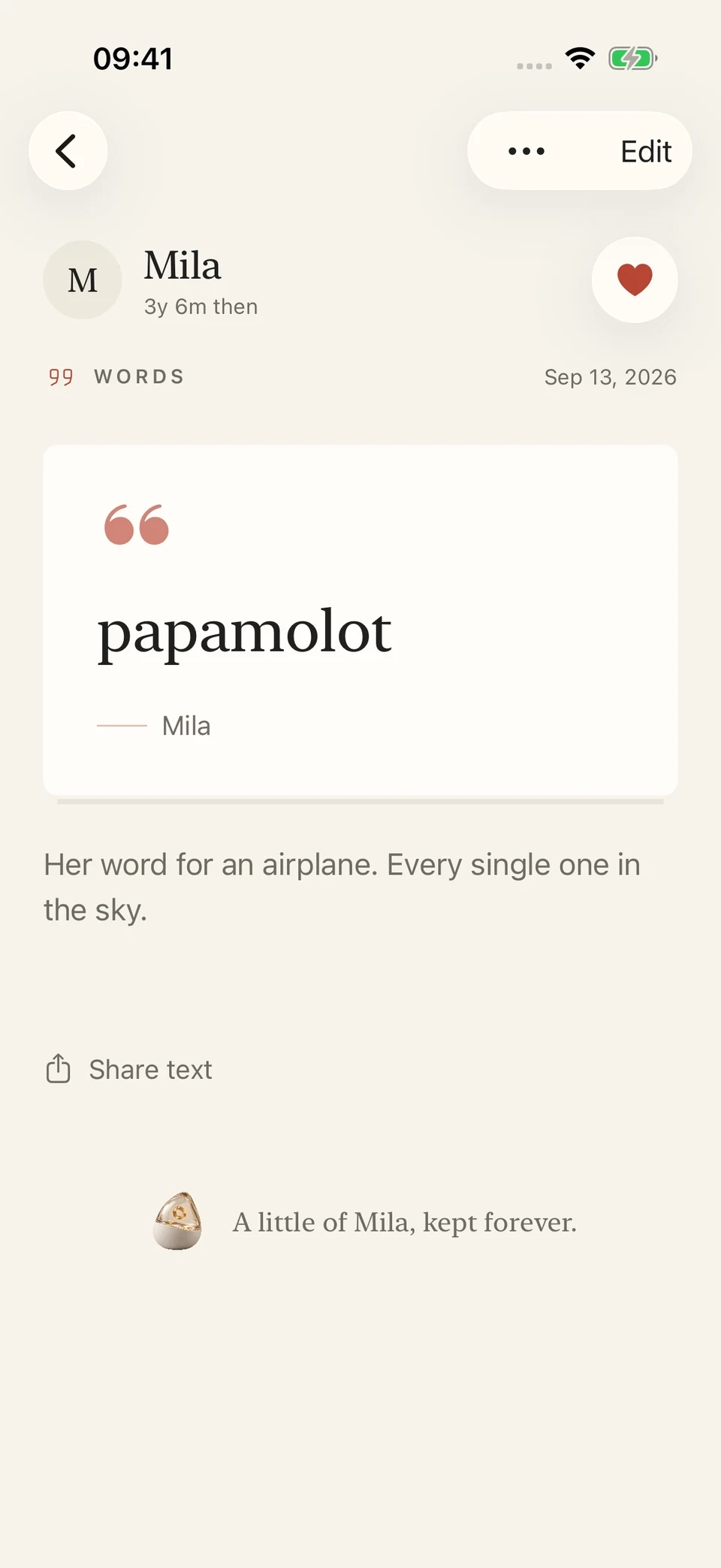 A saved childhood expression, papamolot, with its meaning: a plane.